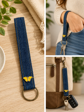 Load image into Gallery viewer, KEYCHAIN Denim w/Butterfly - Wristlet Keychain Made from Upcycled Denim *** Custom Butterfly Pin***g