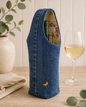 Load image into Gallery viewer, WINE TOTE - Repurposed Denim - Patterned Lining – Housewarming Gift