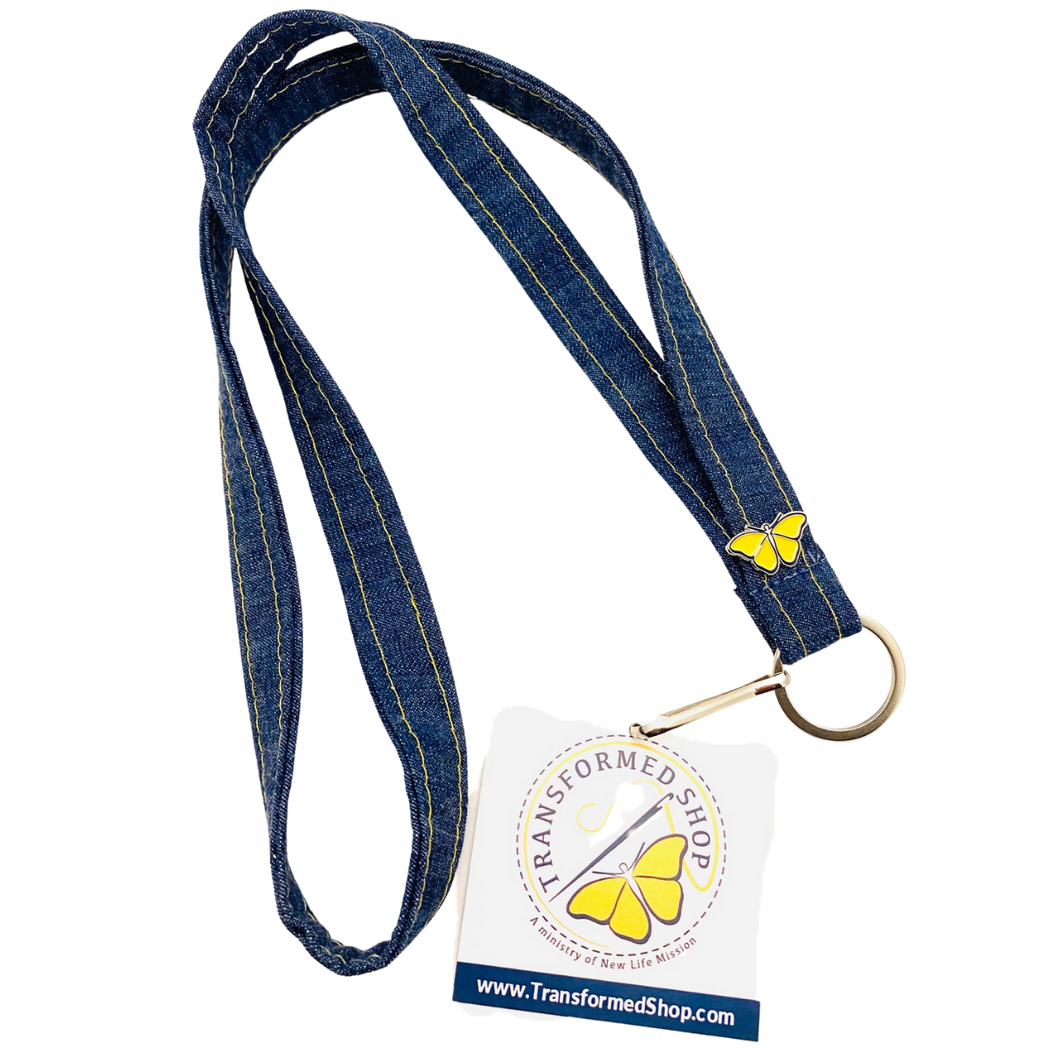 LANYARD w/Butterfly – Made from Upcycled Denim ***Custom Butterfly Pin***