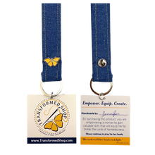Load image into Gallery viewer, KEYCHAIN Denim w/Butterfly - Wristlet Keychain Made from Upcycled Denim *** Custom Butterfly Pin***