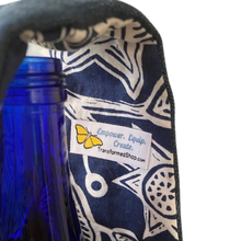 Load image into Gallery viewer, WINE TOTE - Repurposed Denim - Patterned Lining – Housewarming Gift