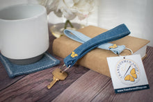 Load image into Gallery viewer, KEYCHAIN Denim w/Butterfly - Wristlet Keychain Made from Upcycled Denim *** Custom Butterfly Pin***