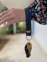 Load image into Gallery viewer, KEYCHAIN Denim w/Butterfly - Wristlet Keychain Made from Upcycled Denim *** Custom Butterfly Pin***