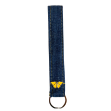 Load image into Gallery viewer, KEYCHAIN Denim w/Butterfly - Wristlet Keychain Made from Upcycled Denim *** Custom Butterfly Pin***
