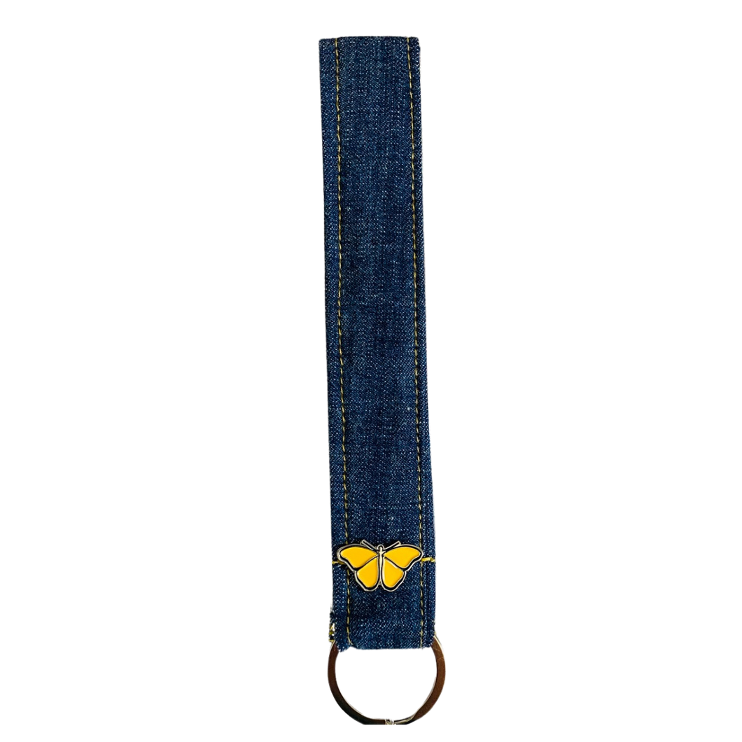 KEYCHAIN Denim w/Butterfly - Wristlet Keychain Made from Upcycled Denim *** Custom Butterfly Pin***