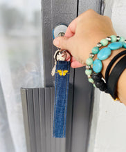 Load image into Gallery viewer, KEYCHAIN Denim w/Butterfly - Wristlet Keychain Made from Upcycled Denim *** Custom Butterfly Pin***
