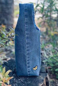 WINE TOTE - Repurposed Denim - Patterned Lining – Housewarming Gift