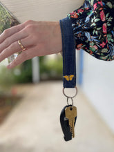 Load image into Gallery viewer, KEYCHAIN Denim w/Butterfly - Wristlet Keychain Made from Upcycled Denim *** Custom Butterfly Pin***
